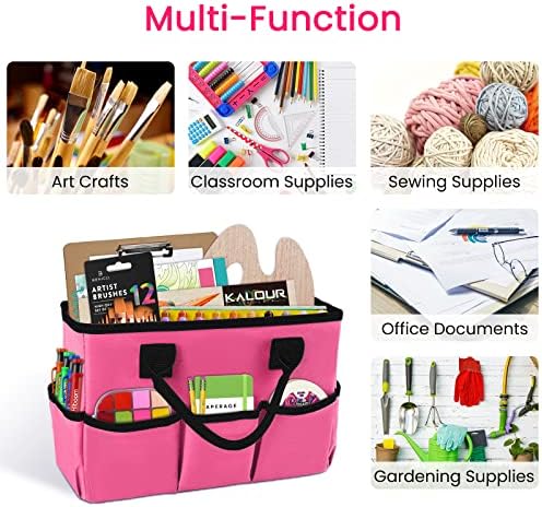 Desktop Tote and Organizer, Teacher Helper Caddy Bag for Arts, Books, Stationery, Office Desk Organization, Make-up Storage with Handles for Travel, Pink