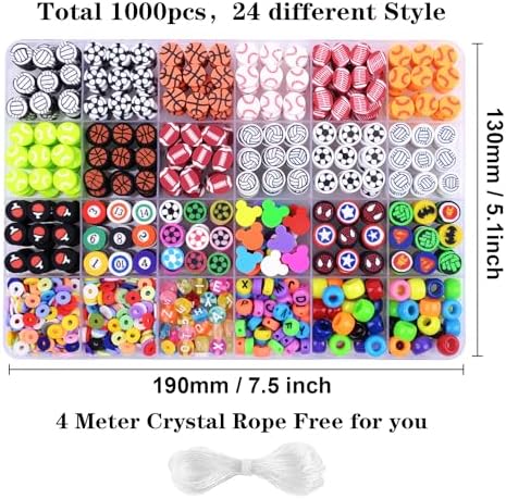 BBita 1000PCS Polymer Clay Beads Bracelet Making kit, 24 Style Cute Fun Beads Sports Ball Volleyball Softball Baseball Basketball Soccer Rugby Football Charms for Jewelry Making DIY for Women Girls