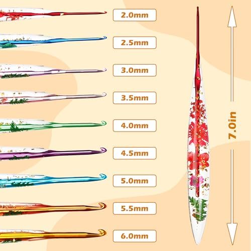 Coxyzoxy 9 Pcs Crochet Hook Set, Crochet Kit for Beginners Made of Epoxy Resin, 2.0mm-6.0mm Ergonomic Crochet Hooks, Perfect for Crocheting Blankets, Dolls, Shawls, Hats, and Scarves