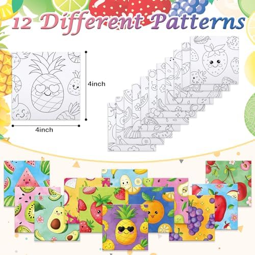 Anseal 12 Packs Pre Drawn Canvas to Paint, 4" X 4" Fruits Pre-Printed Paint Party, Pre Stretched Canvas Outline Painting Boards for Paint Lovers, Party Favor (Fruit)