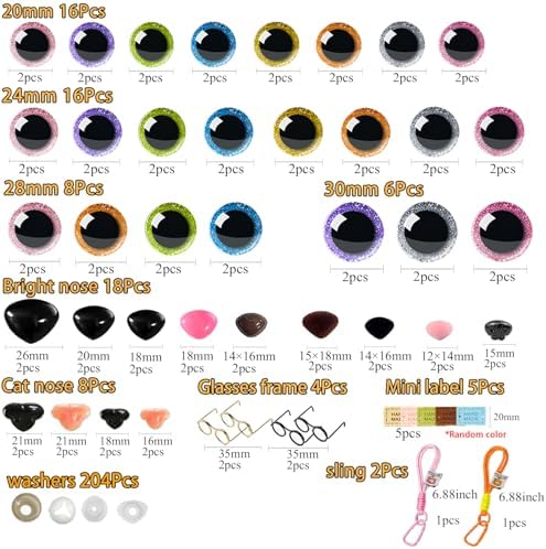 CSCHENGO 453 Pcs 10-30mm Glass Craft Safety Eyes 10-35mm Glitter 3D Eyes/Black Eyes with Noses/Glasses/Tags,for Adult DIY Crochet Handmade Craft Figurines Plush Crafts