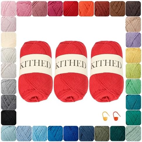 Cotton Chainette Yarn,4 Medium (Worsted)-10oz,3 Pack,Knitting Yarn for Beginners,Thicker for Crocheting and Knitting (05 Red)
