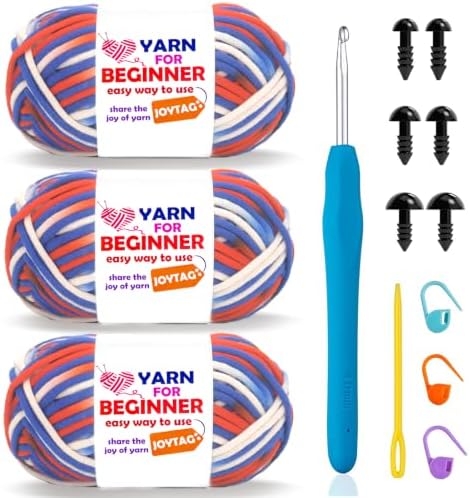 3 Pack Rainbow Beginner Crochet Yarn for Crocheting Knitting Multicolor Cotton Crochet Yarn for Beginners with Easy-to-See Stitches Cotton-Nylon Blend Easy Yarn for Beginners(Blue White Red)