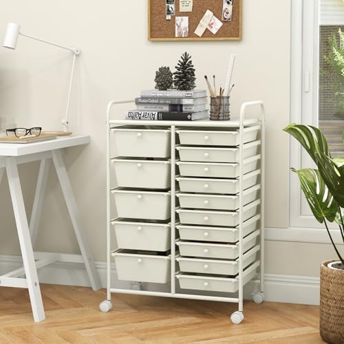 GOFLAME 15-Drawer Rolling Storage Cart, Craft Storage Cart with Removable Drawers & Lockable Wheels, Art Cart Supply Storage Organizer for Home Office Classroom, White