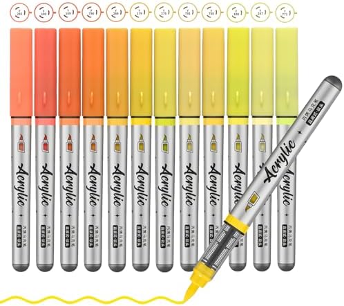 Yellow Orange Acrylic Paint Pens,12 Color Paint Pen Markers,Artist Brush Tip Paint Pens for Adult Painting Art Supplies