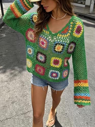Kinghua Crochet Tops for Women Spring Summer Boho Floral Shirts Coverups