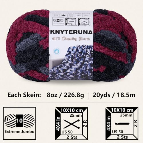 Chunky Yarn for Hand Knitting, #10 Chunky Blanket Chenille Yarn, Large Bulky Thick Jumbo Yarn, Super Chunky Knit Yarn for Crocheting, 8 Skein (8oz,20yds Each Skein), Tie Dye Grey&Black&Red