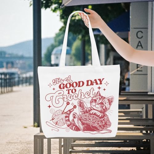 Crochet Knitting Humor Yarn Gifts Canvas Tote Bag, Reusable Grocery Shopping Bags for Crocheters Christmas