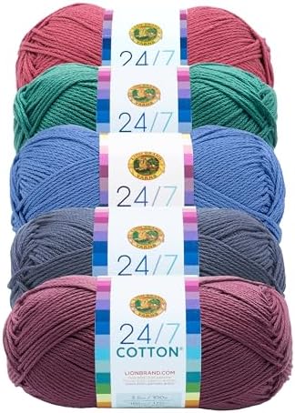 Lion Brand Yarn, 24/7 Cotton Mercerized Lightweight Yarn for Knitting, Crochet, and Crafts, Beachcomber, 5 Pack, Multicolor Pack of Natural Fiber for Breathable Tops, Durable Bags, and Dish Cloths