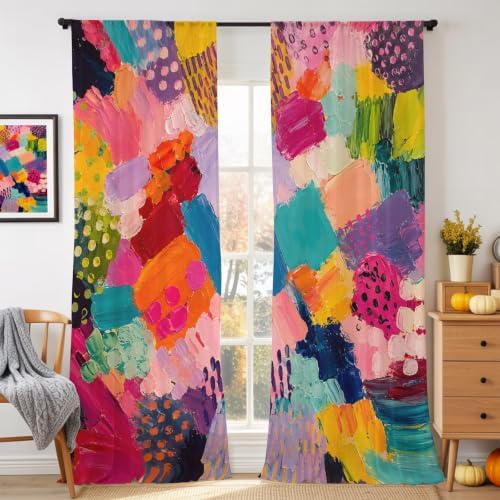 Colorful Art Sheer Curtains 84 Inch Length 2 Panels for Living Room, Geometric Modern Abstract Oil Painting Voile Kitchen Curtain Set, Luxury Privacy Drapes Window Treatment for Bedroom