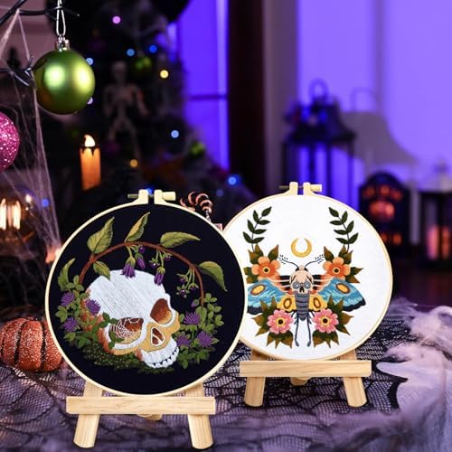Gothic Skull Embroidery Starter Kits for Beginners Adults, Halloween Stamped Cross Stitch Kit for Beginners Adults, Flowers Hand Embroidery Needlepoint Kit, 2 Embroidery Hoop (Attached Video Tutorial)