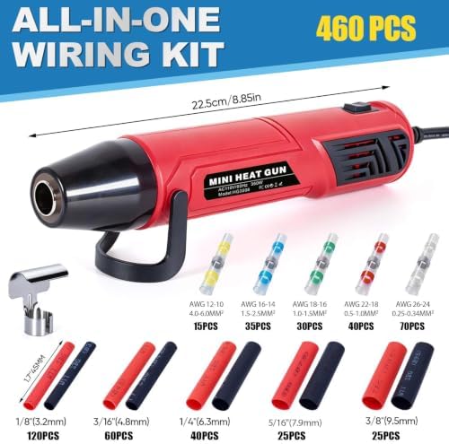 350W Mini Heat Gun Kit with 460pcs Solder Seal Wire Connectors & 3:1 Waterproof Heat Shrink Tubing 2-Temp Max 662°F Portable Hot Air Gun, Electrical Repair Tool Set for Automotive, Marine & DIY Crafts