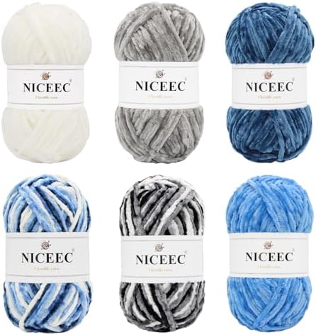 NICEEC 2 Skeins Soft Chenille Yarn 2x255m(2x279yds,3x150g)_Black Bule Series