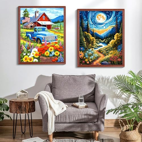 ZTOTZ Vintage Blue Truck Paint by Numbers Kit for Adults, 16x20 in American Farm Countryside Paint by Number Canvas, Red Barn -Floral Landscape Oil Painting for Adults Set