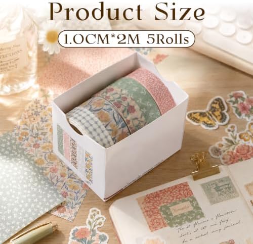 5 Rolls Vintage Washi Tape Set Floral Patterns Decorative Masking Tape