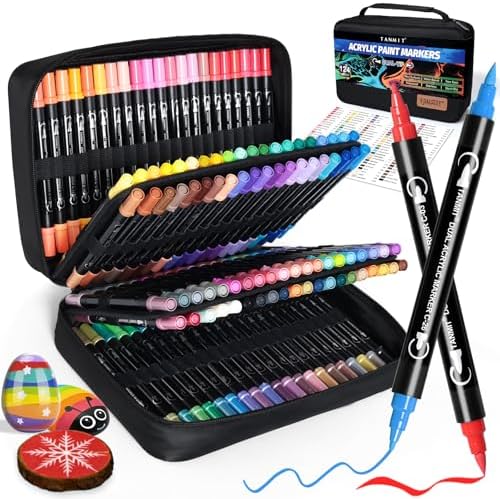 TANMIT 124 Colors Dual Tip Acrylic Paint Markers, Paint Pens Set with Brush Tip and Fine Tip For Fabric, Rock, Wood, Glass, Eggs, Scrapbook, DIY Crafts Making Art Supplies - Teacher Appreciation Gift