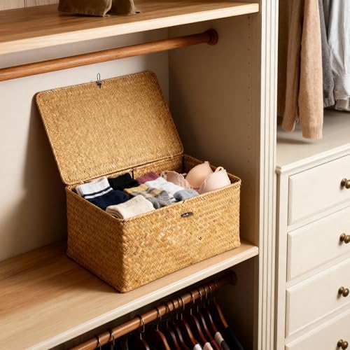 Nonam Large Wicker Basket with Lid,Seagrass Shelf Storage Basket,Natural