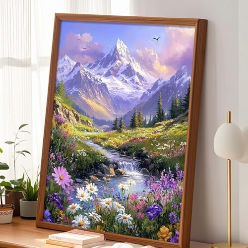 Alptiny Mountain Landscape Paint by Numbers Kit for Adults Beginner, Mountain Wildflowers Paint by Number Kits, DIY Nature Oil Painting Kit for Relaxation & Home Decor, 16x20 Inch