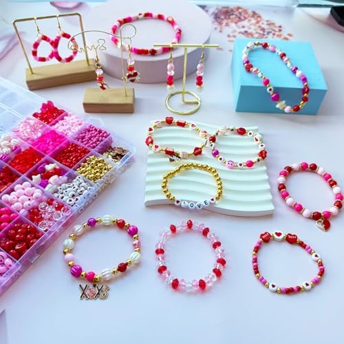 1900PCS+ Valentine’s Day Beads for Bracelets Jewelry Making Kit, Pink Red Polymer Clay Beads Assorted Pearl Crystal Star Heart Bead Acrylic Spacer Bead XOXO Heart Charms for Women Necklace DIY Crafts