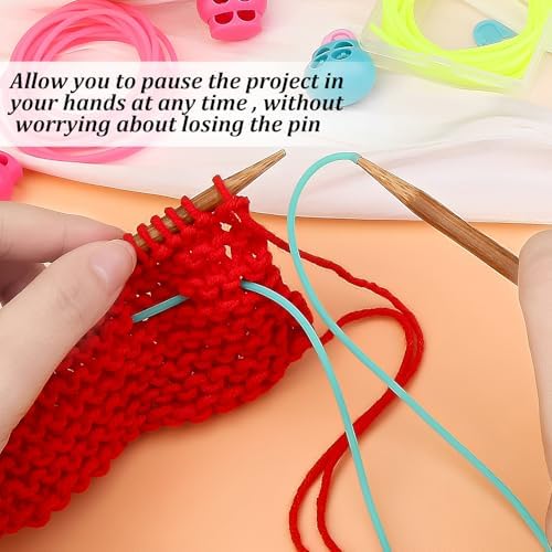 Dexspoeny 10 Pcs Knitting Needle Stoppers,Colorful Silicone Knitting Stitches Holder with 20Pcs Plastic Crochet Hook Clip,2mm Hollow Rubber Tubing Knitting Barber Cord,Convenient for Knitting