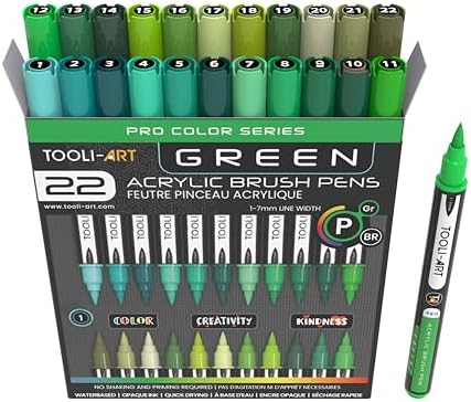 TOOLI-ART 22 Flexible Brush Tip Acrylic Paint Pens Markers Set 1-7mm Line for Rock Painting, Glass, Mugs, Wood, Metal, Canvas, Plastic. Non Toxic Waterbased Quick Drying Assorted Green