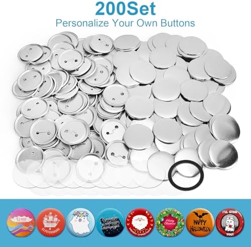 200 Set 2.28 Inch Button Maker Supplies, 58mm Approx. 2.25 in Metal Blank Button Badge Parts with Blank Paper& Clear Film for Button Maker Machine, Pin Maker, and Badge Press