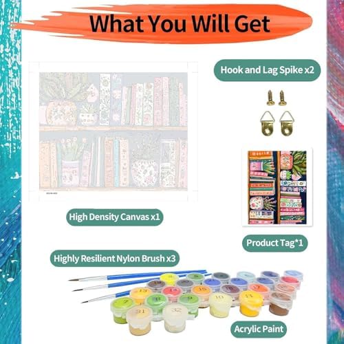 ajepon Books Paint by Numbers Kit for Adults - Painting by Number Kits Books, Bookshelf Adults Paint by Numbers Kits on Canvas Without Frame Oil Painting for Home Wall Decor 16X20inch