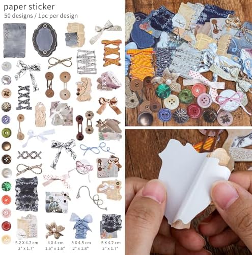 Mayplous 2 Packs Vintage Scrapbook Paper and Sticker Set – Sewing Theme Die-Cut Paperboard Retro Stickers with Cord, Bowknot & Button for Junk Journal, Scrapbooking, Handicrafts & Decoupage (Miller)