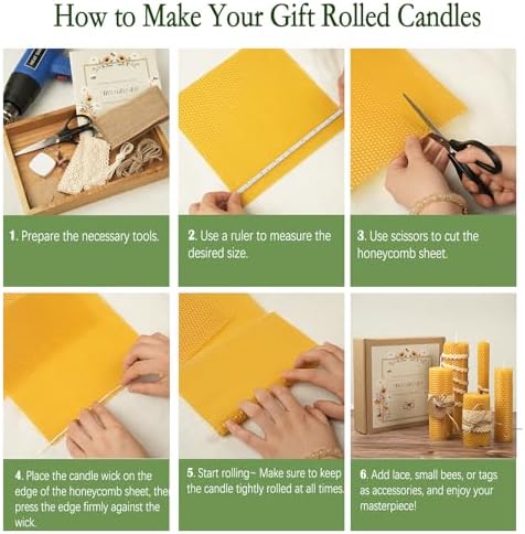 Beeswax Sheets for Candle Making, 30Pcs DIY Beeswax Candles Rolling Kit for Kids & Adults, Natural Honeycomb Sheets (8 x 8 Inch) with Cotton Wick, Bee Ornaments, Lace Ribbon and Hemp Rope