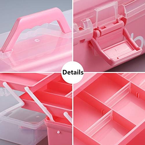 Kinsorcai 12'' Three-Layer Clear Plastic Storage Box with Handle, Craft Tool Box, 3 Layer Pink Tackle Box for Women, Organizer Box for Sewing Art and Cosmetic (Pink)