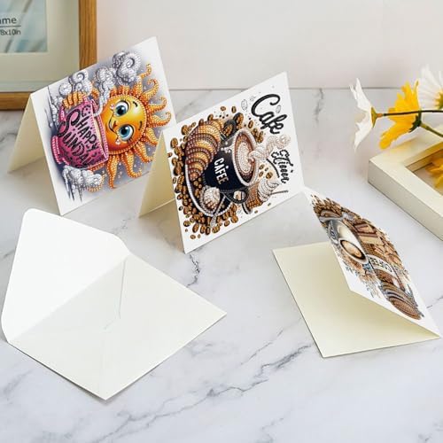 AiYuanzsh 6 Packs Diamond Art Painting Greeting Card Kits with Laser Effect Special Shaped Diamond Art Greeting Cards Arts Crafts for Christmas Birthday Thanksgiving Day Holiday (Coffee, 30x15cm)