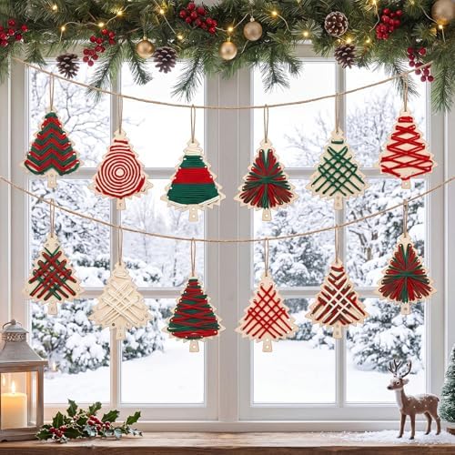 Kathfly 24 Set Christmas Wooden Craft Kit Christmas Tree String Craft Ornaments with Yarn and Plastic Weaving Tools DIY Art Hanging Decorations for Classroom Xmas Holiday Party Favor Home Activities