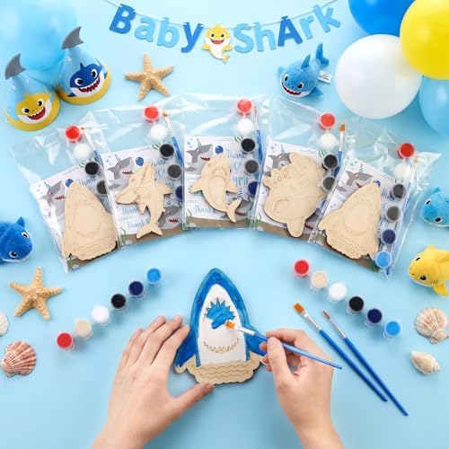 Weysat 24 Sets Color Your Own Shark Masks Ocean Themed DIY Blank Masks Wooden Painting Craft Kits Include Cards and Art Supplies for Birthday Party Favors Graffiti Crafts Goodie Bag Stuffers