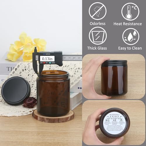 MILIVIXAY 12 Pack 8 OZ Thick Glass Dark Amber Candle Jars with All Black Metal Lids-Bulk Empty Candle Jars for Making Candles-Canning Jar for Spice, Liquid, Sample- Dishwasher Safe.