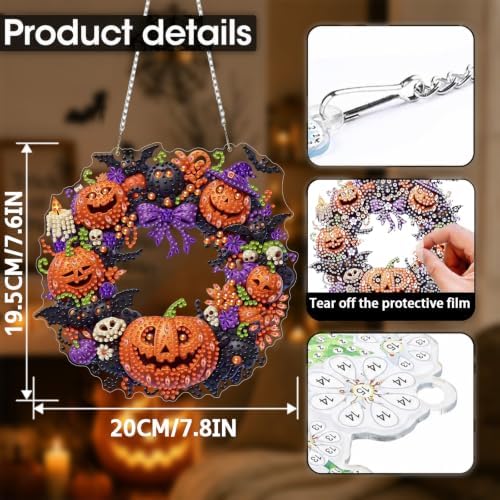 3 Pack Halloween Diamond Art Hanging Kit for Adult, Acrylic Decor 8x8inch