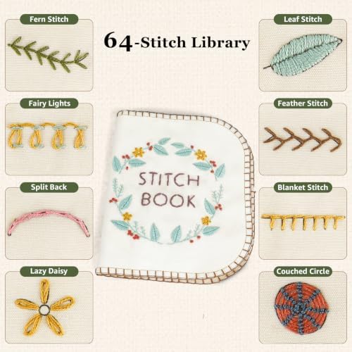 HEAMODON Embroidery Stitch Book Kit for Beginners, Hand Embroidery Kits for Adults, Embroidery Book Kit for Beginners