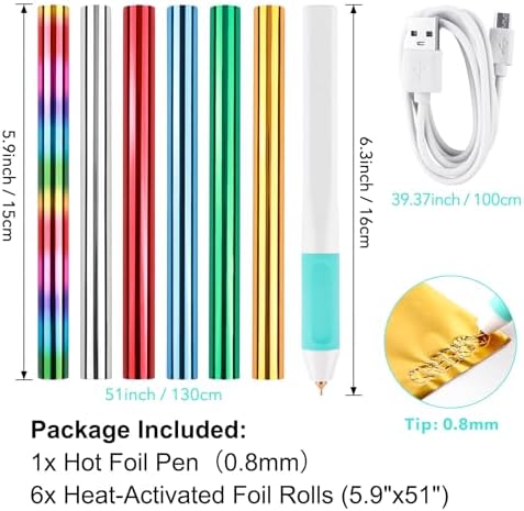 Hot Foil Roll & Hot Heated Foil Pens Set,Foil Quill Starter USB Heat Foil Pen for Scrapbooking Tool Kits Gold Hot Foil Roll for Card Making Craft Scrapbooking Drawing Pen with USB Cable DC5V