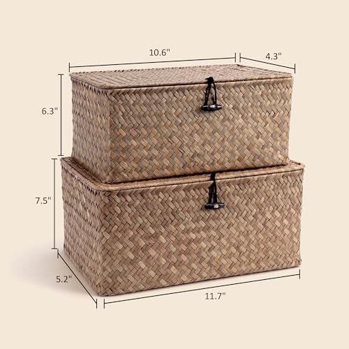 Nonam Wicker Storage Basket with Lid,Seagrass Shelf Basket Set of 2,Coffee