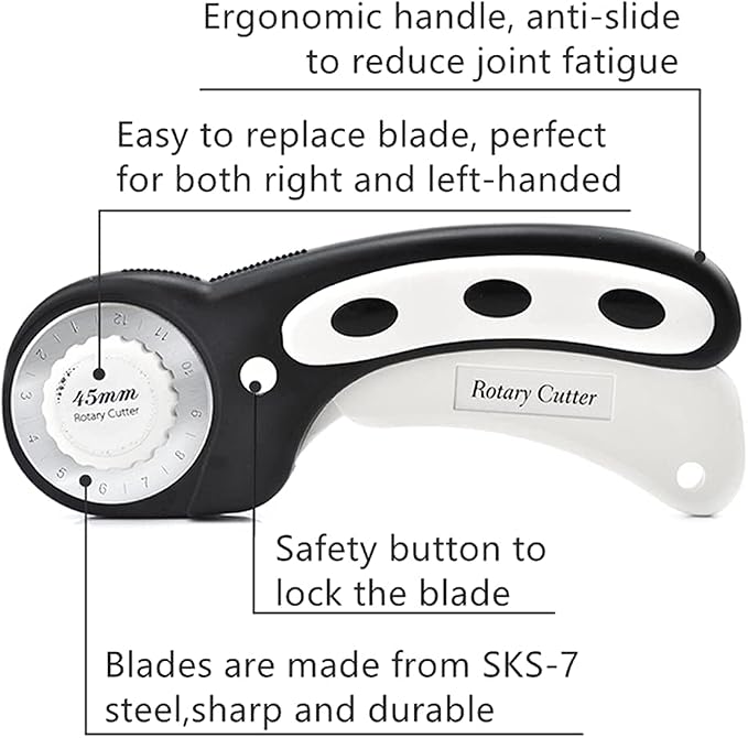 45mm Rotary Cutter with 7pcs Replacement Blades, Ergonomic Handle Rolling Cutter with Safety Lock for Fabric, Leather, paper, Crafting, sewing, Quilting, Perfect for Left & Right Hand(Black)