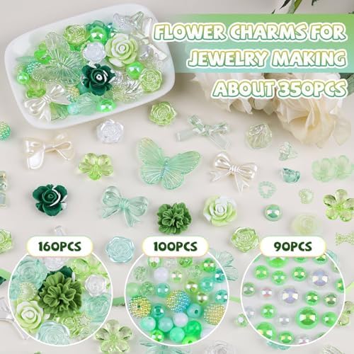 350 Pieces 3D Resin ABS Colorful Rose Flower Bows Butterfly Charms with Flatback Half Round Pearl Beads for Bracelet Earring Necklace Craft DIY Making Supplies