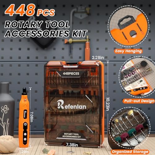 448PCS Rotary Tool Accessories Kit, 1/8" Universal Rotary Tool Bits, Includes 4V Cordless Rotary Tool (5 Speeds, 2000mAh) – Ideal for Sanding, Polishing, Engraving, Grinding