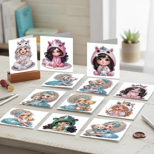 C'eitura 12Pcs Cartoon Girl Diamond Art Painting Greeting Card Kit with Envelopes, DIY Cute Theme Christmas Birthday Thanksgiving Card Making Set, Cute Style Handmade Card Craft