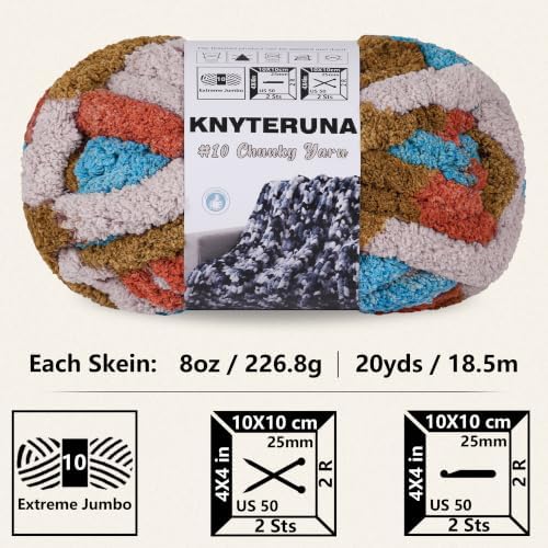 Chunky Yarn for Hand Knitting, #10 Chunky Blanket Chenille Yarn, Bulky Thick Jumbo Yarn, Super Chunky Knit Yarn for Crocheting, 8 Skein (8 oz 20 yds Each Skein), Tie Dye Orange&Mustard&Beige