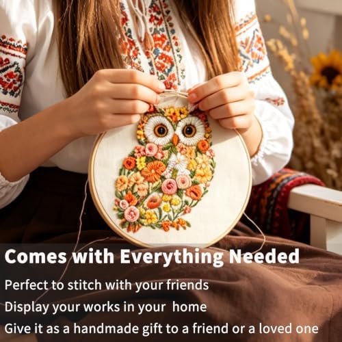 FONNUY Floral Owl Embroidery Kit for Beginners, DIY Handmade Flower Animal Embroidery Set with Hoop, Stamped Cross Stitch Kit for Adults, Unique Home Wall Art Decor & Craft Gift (Orange)