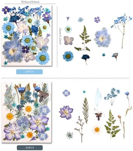 100 PCS Blue Pressed Dried Flowers and Leaves with Tweezers | Natural Dried Flowers, For Resin, Candle, Jewelry, Scrapbooking & DIY Crafts