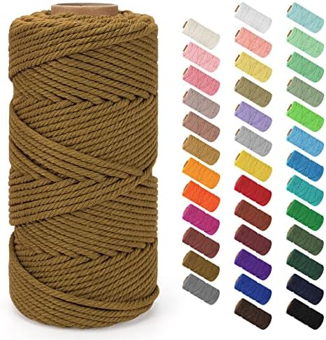 Macrame Cord 4mm x 109Yards (328Feet), Natural Cotton Macrame Rope - 4 Strands Twisted Macrame Cotton Cord for Wall Hanging, Plant Hangers, Crafts, Gift Wrapping and Wedding Decorations, Caramel