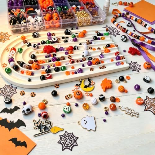 XBYzuzi 2600Pcs Halloween Beads for Bracelets Jewelry Making Kit, Orange Black White Purple alloween Polymer Clay Beads Pumpkin Evil Eye Skull Bead with Ghost Spider Charms for DIY Craft Earring