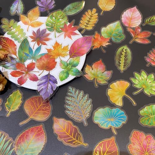 50PCS Clear Gold Foil Leaf Stickers, Autumn Leaf Stickers | Transparent Stickers for Junk Journal, Scrapbook Supplies for Card Making, Planner, Envelope, DIY Crafts, Water Bottle Decors