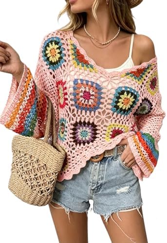 Kinghua Crochet Tops for Women Spring Summer Boho Floral Shirts Coverups