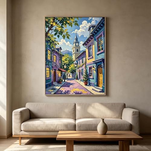 Paint by Numbers Kit for Adults - Colorful Town Street with Clock Tower, DIY Paint by Number, Oil Painting Style Canvas, Adults Paint by Number Kits for Home Wall Art